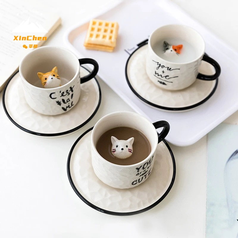 

200ml Cute Cat Embossed Handmade Ceramic Mug with Tray Coffee Milk Tea Afternoon Tea Set Porcelain Cup Christmas Novelty Gift