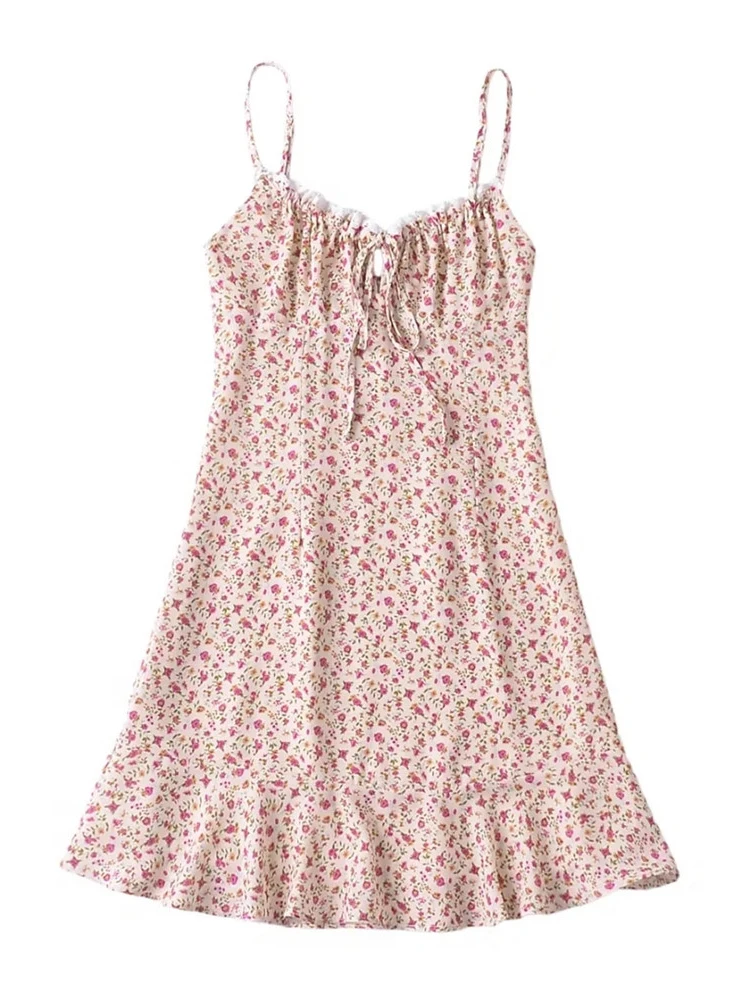 

Womens Vintage Flower Print Spaghetti Strap Summer Mini Dress Ladies Elastic Back Cute Lace Ruffles Short Sling Dresses