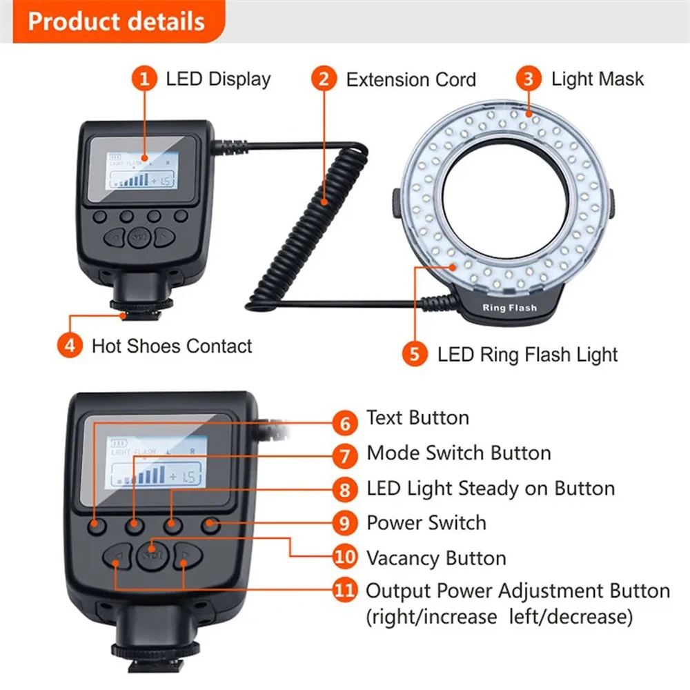 Led Ring Light Camera Flash Light Cameras Photography Led Light for Nikon Canon Pentax Olympus Panasonic DSLR Macro LED Ring Flash Light with 8 Adapter Ring