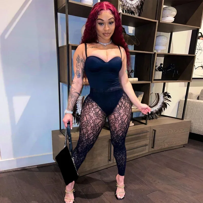

WUHE Sexy Party Club Women's Set Bodysuit and Lace Tranparent Pants Set 2024 Tracksuit Chic Two Piece Set Summer Fitness Outfits