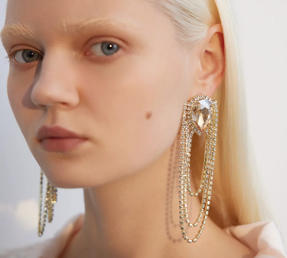 925 silver needle artificial Rhinestone tassel simple wedding party Earrings for women Fashion Jewelry