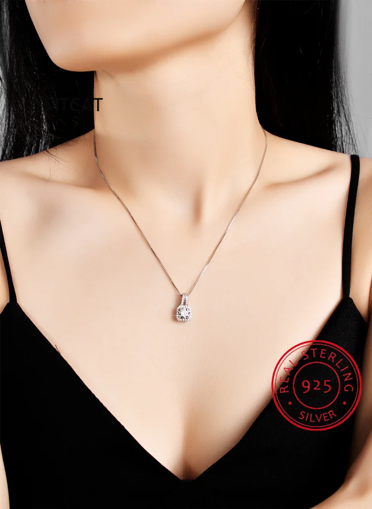 Moissanite Pendant Necklace 1CT Round Cut Emerald Cut Halo Design 14K Plated Silver