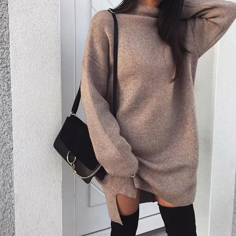 Autumn Women Turtleneck Long Sleeve Asymmetrical Dress