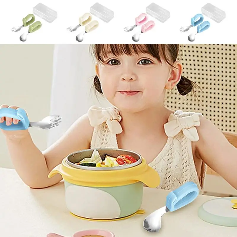 

Kids Self Feeding Spoon Fork Cutlery Set Toddler Tableware Utensils Stainless Steel Child Flatware Fork And Spoon Set For Babies