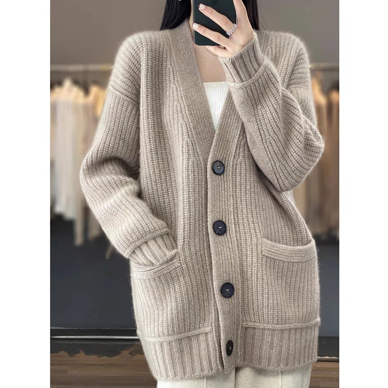 New V-neck Cardigan Women's Sweater Loose Long Sleeved Casual Knitted Fashionable Office Solid Color Pocket Jacket