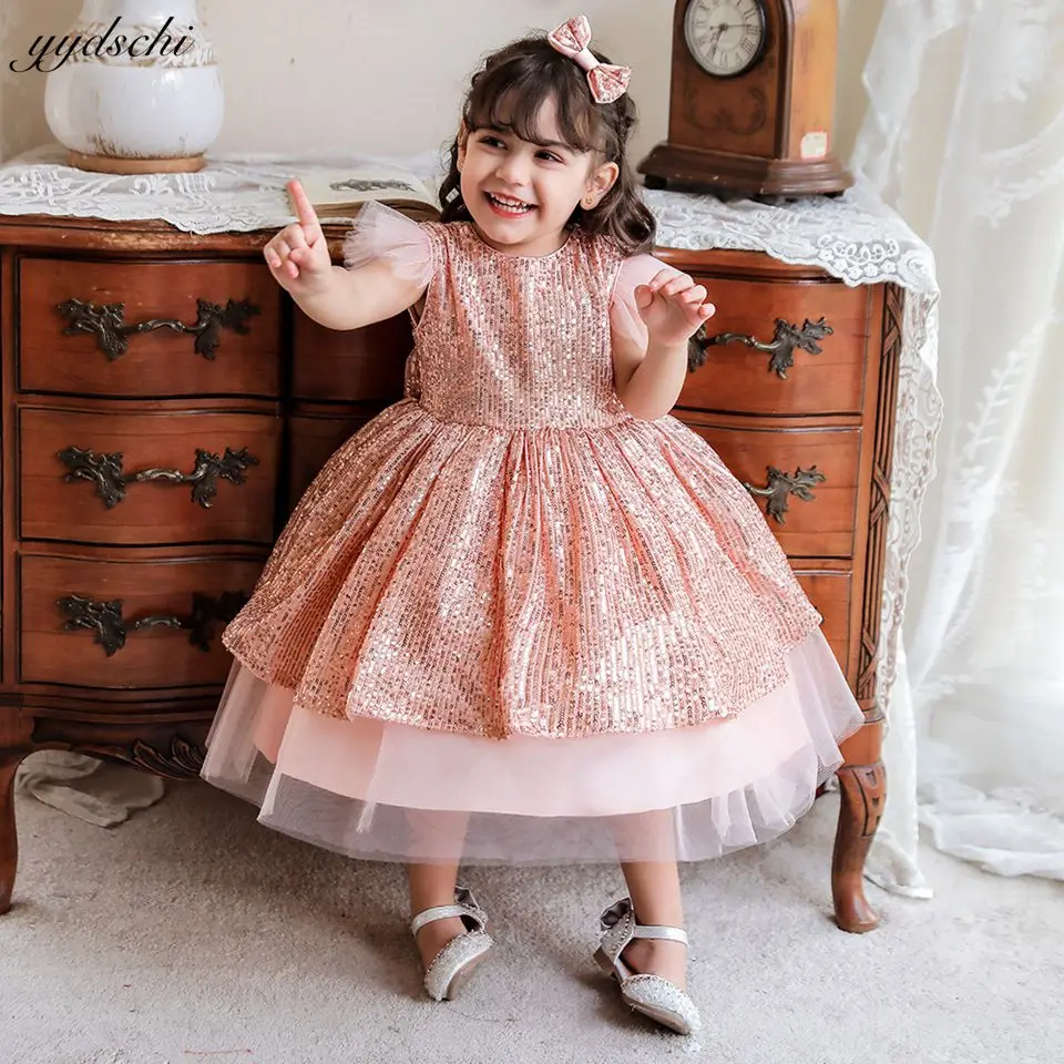 

Sparkly Sequined Pink Flower Girl Dresses For Wedding 2023 Princess Tulle Puffy O-Neck Ball Gown First Communion Gowns With Bow