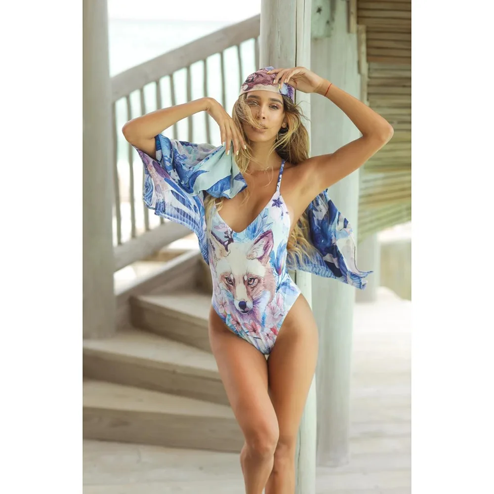 

Women Low-Cut Swimsuit one-piece halter swimwear monokini Bikini Backless Fox Printed Swim wear Push Up Bathing Suit Biquini