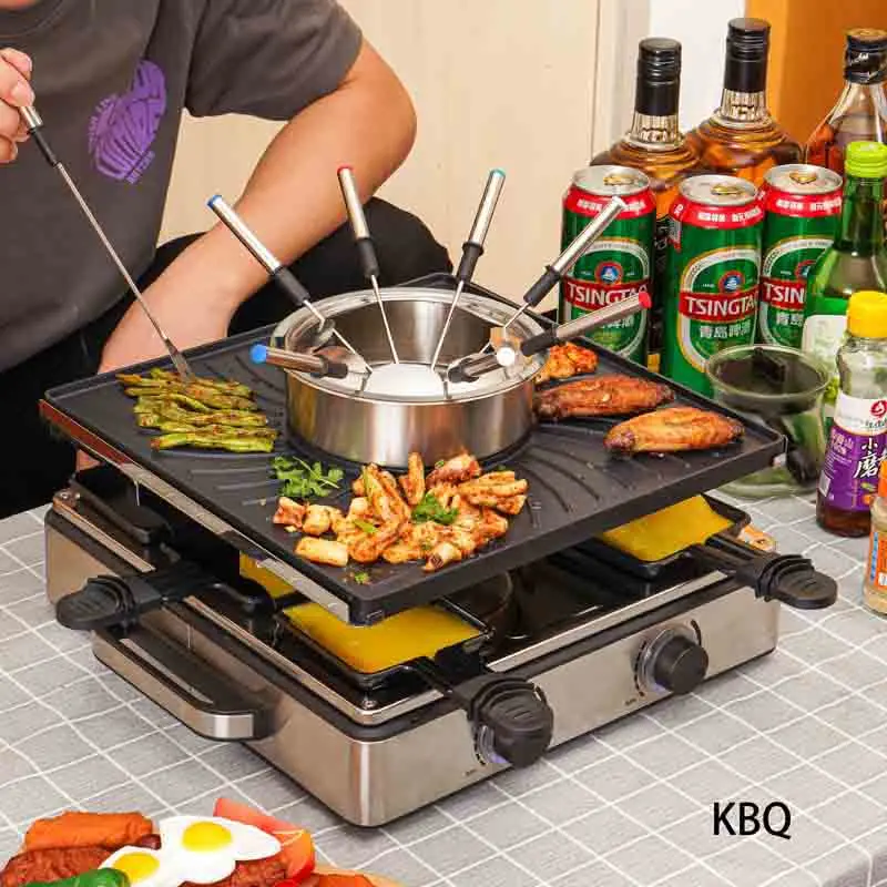 1500W Smokeless BBQ Electric Raclette Grill Fondue Set Aluminum with Chocolate Cheese Hot Pot & Pans For 8 Person, In&Outdoor