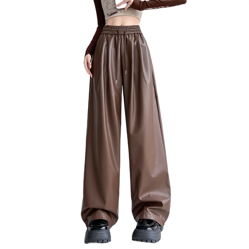 American Vintage High Waist Leather Pants Autumn Winter Women Wide