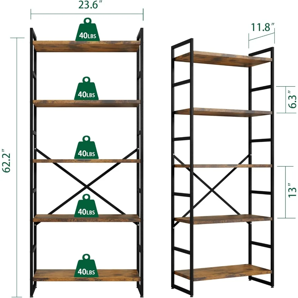 5 Tier Bookshelf for CDs/Movies/Books, Bookcase Storage Organizer, for Bedroom/Living Room/Home Office. Freestanding Bookshelf 2