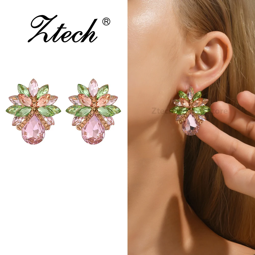 Ztech Grande Cristallo Multistrato Arcobaleno Orecchini Donna 4 Colori Lusso Fiore Gioielli Dichiarazione Accessori Moda Bijoux