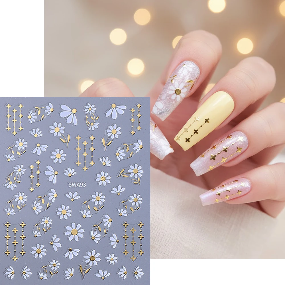 2/3개 글리터 골드 라인 플라워 3D 네일 아트 스티커 블랙 화이트 꽃 피는 네일 데칼 DIY 네일 살롱 데코용