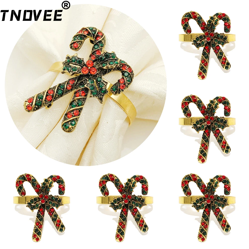 

6Pcs Antique Gold Napkin Ring Christmas Crutches Napkin Holder Ring Buckle Metal Rhinestone Serviette Ring Holder ERC21