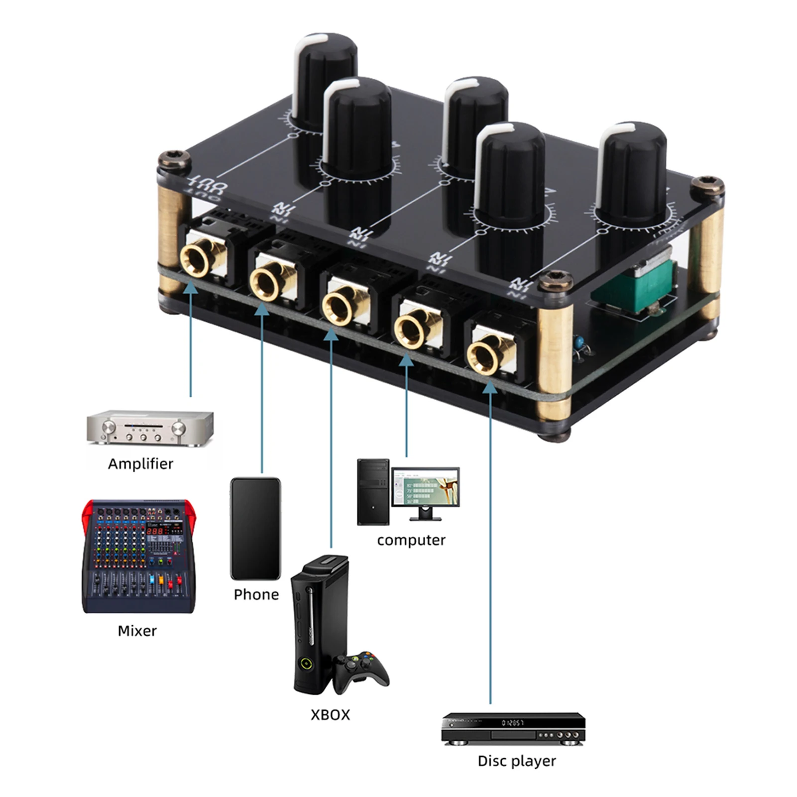 4-in-1-out Passive Mixer Module Mini Stereo 4-Channel Passive Mixer Audio 4 Audio Input to 1 Output Ultra Compact