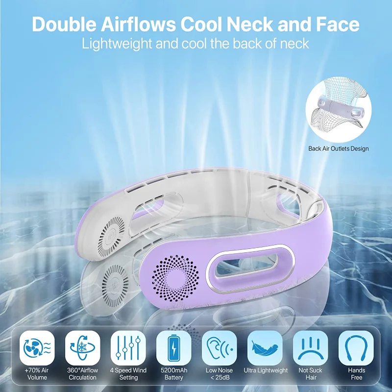 Portable Neck Fan, 360° Cooling Neck Fans Portable Rechargeable Hands Free Bladeless Neck Fan, USB Travel Fan Wearable Fan