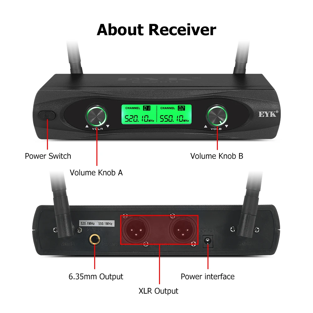 Eyk E220u Uhf Duplo Canais sem Fio Microfone Bodypack Transmissor com Fone de Ouvido e Lapela de Lavalier Mic para Discurso da Igreja - Image 3