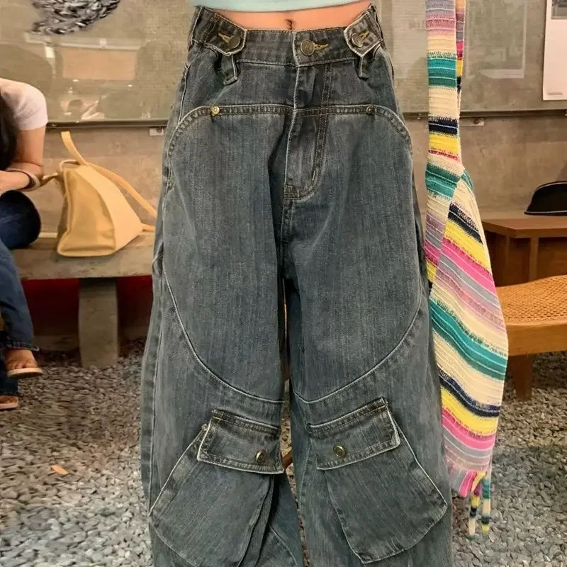 

Large Size Retro Punk Style Large Pocket Tooling Jeans Women's Street Fashion Straight-leg Pants Y2k Loose Mopping Pants for Men