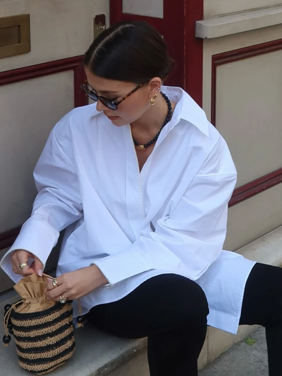 Bornladies Cotton Women's Minimalist White Long Sleeve Shirt New Autumn Lapel Single Breasted Shirts  Loose Blouse