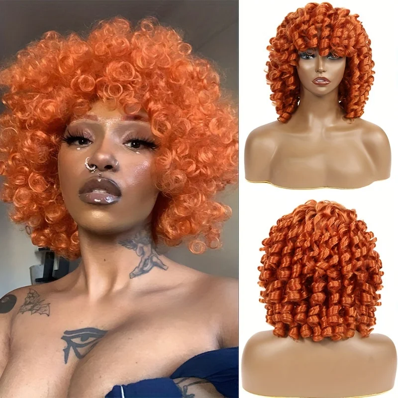 Short Loose Curly Wigs for Women Ginger Afro Kinky Curly Bob Wig with Bang Natural Synthetic Cosplay Hair Wig Red Brown Pink