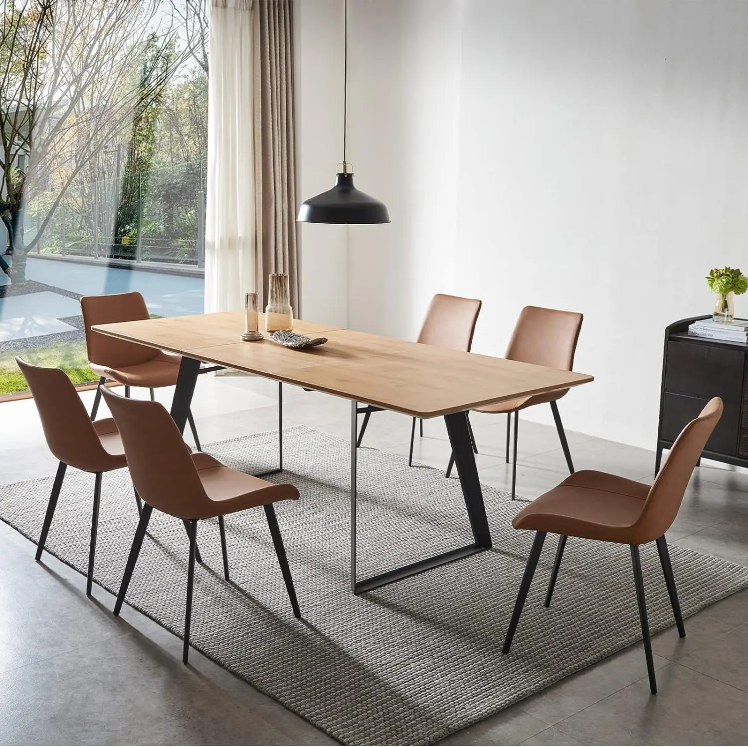 Modern mid-Century  Dining Table and Chairs Rectangular Wooden  Expandable Dining Table Space