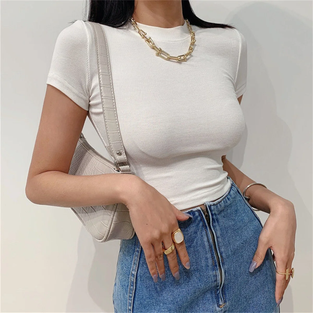 Summer Women's Short Sleeve Crop Top Solid Slim Fit Crew Neck Tee Basic Skinny Ribbed Tight Athletic Casual Workout Yoga Tshirt