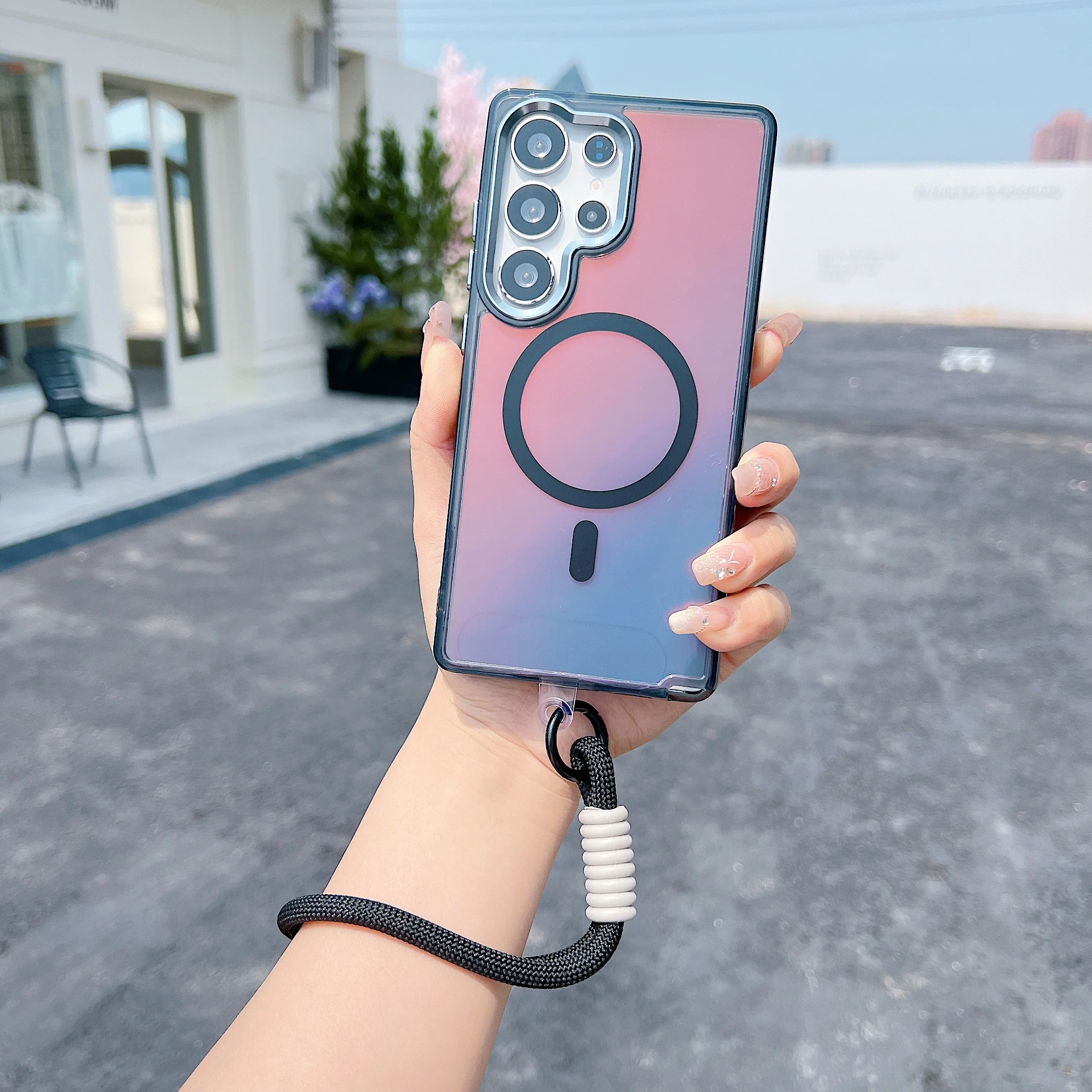 Luxury Chameleon Magnetic Phone Case with Lanyard Wrist Strap and Shockproof Protection