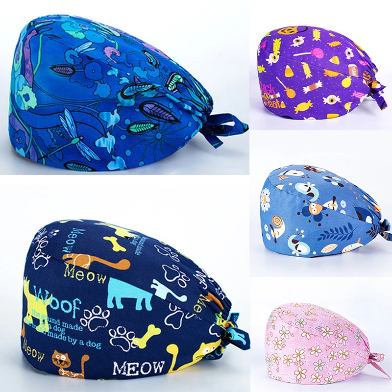 Medical Scrub Hats Breathable Cartoon Printing Adjustable Women Cap Sweatband Surgery Hat Men Nurse Hair Cap Uniform Accessories