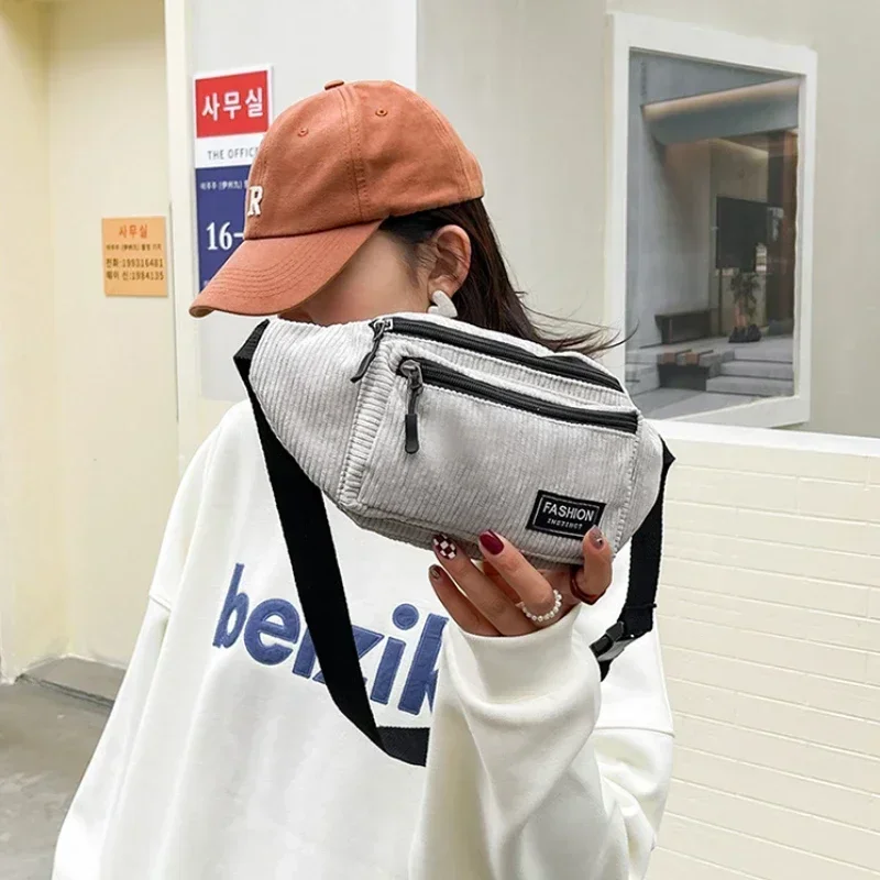 코듀로이 여성용 허리 가방, 작은 캔버스, 여성용 캐주얼 숄더 크로스 바디 백, 패니 팩, 단색 체스트 백
