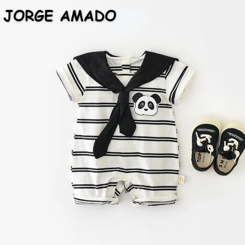 

Preppy Style Summer Baby Girl Boy Rompers Sailor Collar Black and White Stripe Cartoon Panda Thin Jumpsuit Kids Clothes E32525