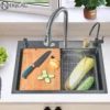 304 Stainless Steel Kitchen Waterfall Large Single Sink Dish Basin Sink With Multifunction Faucet And Pure FaucetCup Disher 1