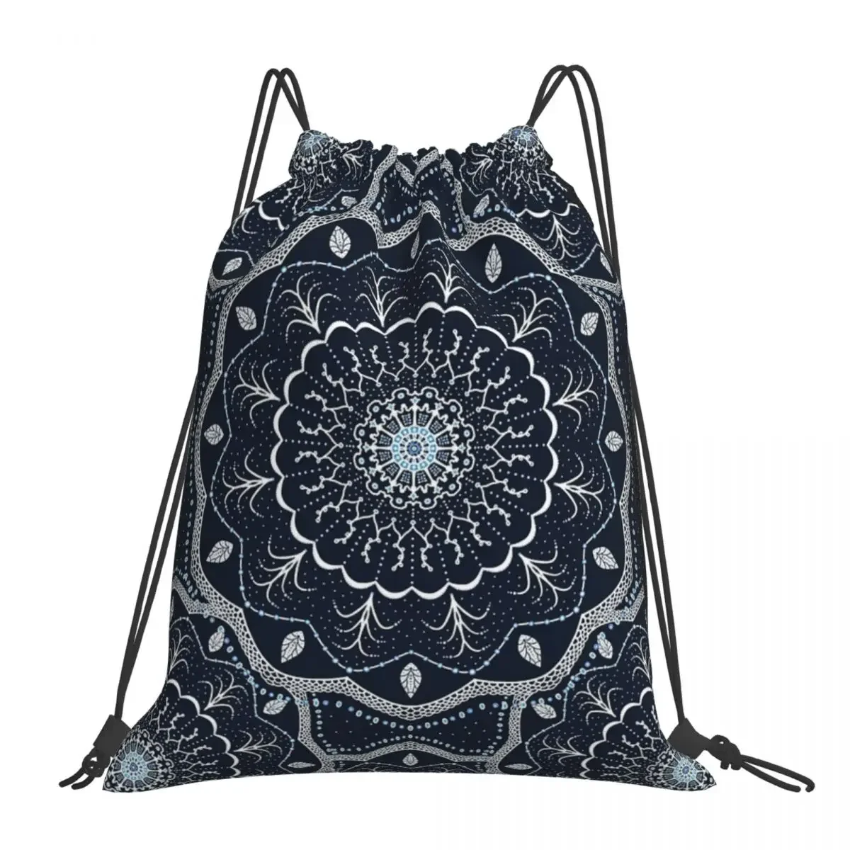 

Black White Blue Mandala Backpacks Casual Portable Drawstring Bags Drawstring Bundle Pocket Sports Bag BookBag For Travel School