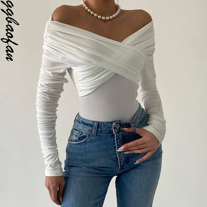 

Ggbaofan Autumn Elegant Fashion Ruched Sexy Backless Wrap Bodysuit Off Shoulder Slim Long Sleeve White Tops One Piece Skinny