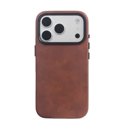 Vintage PU Leather Magnetic Phone Cover with Metal Lens and Wireless Charging Compatibility - iPhone 17 Pro (Brown)