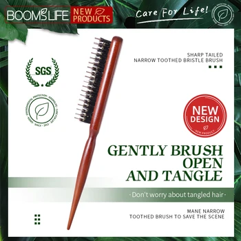Custom Wood Fluffy Hair Comb Three Rows Boar Bristle Hair Brush Salon Teasing Slim Line Comb Extension Hairdressing Styling Tool