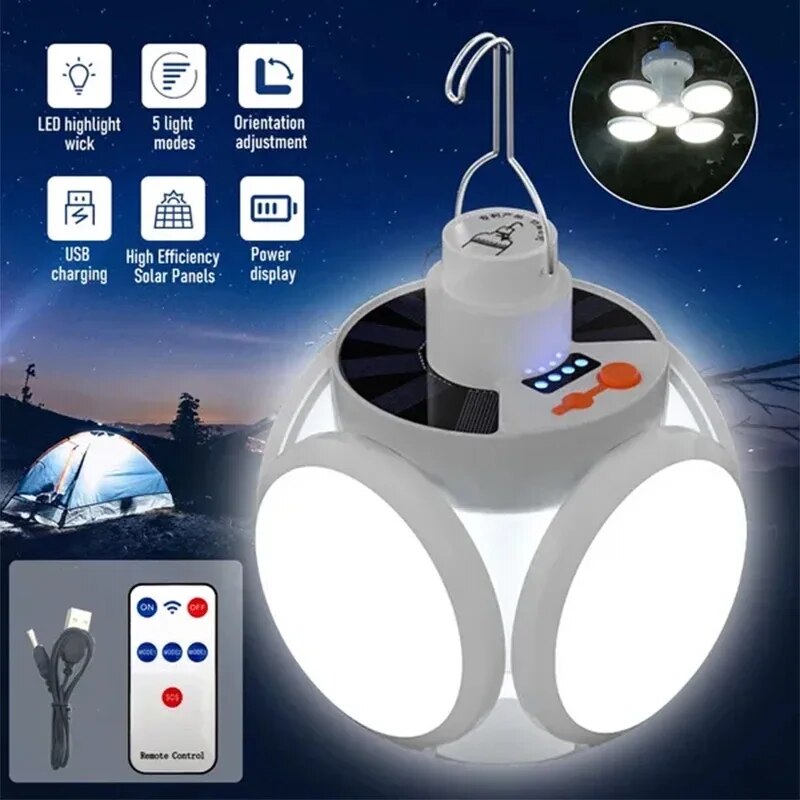 Portable Solar Camping Lantern Led Rechargeable Outdoor Hanging Tent Lamp Folding LED Football Bulbs With Hook Emergency Lights