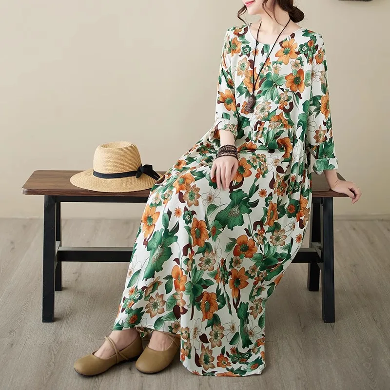 Spring Long Sleeve Nightdresses Women Sleepwear Cotton Linen Dress Nightgown Plus Size Nightwear loose Can Outside Wear