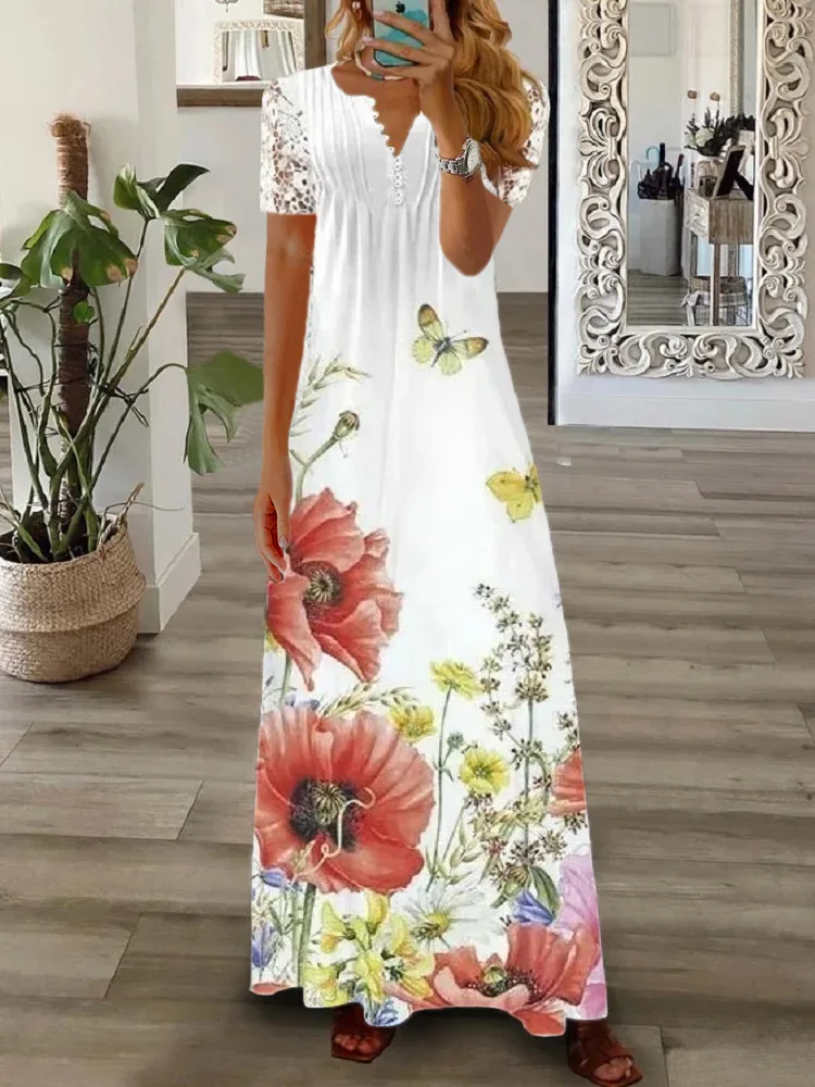 S2d85a509bb534deb9e2e6238867b49dfs Spring/Summer Fashion Women's Short Sleeve Printed Lace Dresses Elegant Women's White V-neck Slim Fit Party Long Vestidos S-5XL Mallzona