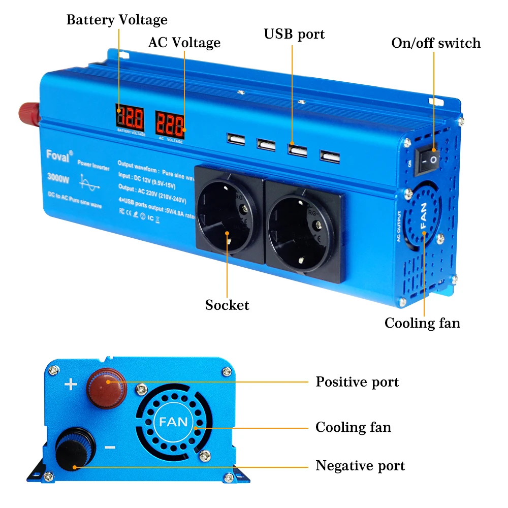 3000W Pure Sine Wave Inverter DC 12V To AC 220V 230V LED Display 4USB Power Converter EU Universal Socket