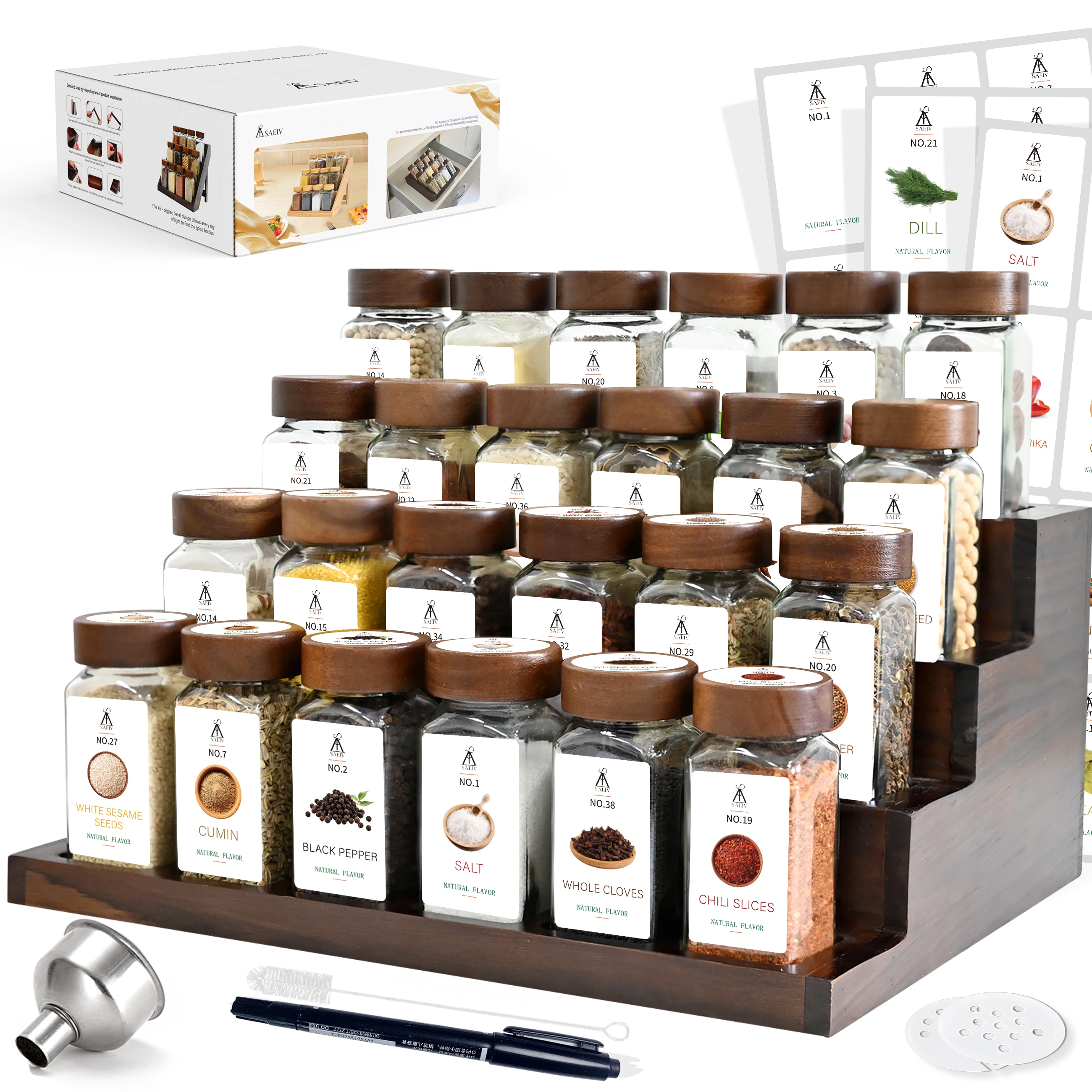SAEIV 24-piece glass jar spice rack, 4-tier wooden kitchen storage rack ...