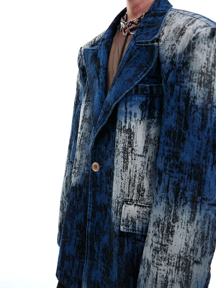 LUZHEN Tie Dye Vintage Design Shoulder Padded Suit Jacket Denim Blazer Coats Male Original Personalized Trendy Streetwear LZ5246