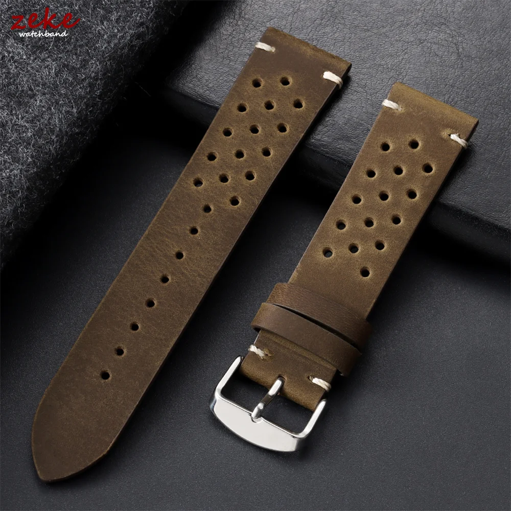 Handcrafted Perforated Cowhide Leather Watch Strap - Breathable and Stylish Wristband