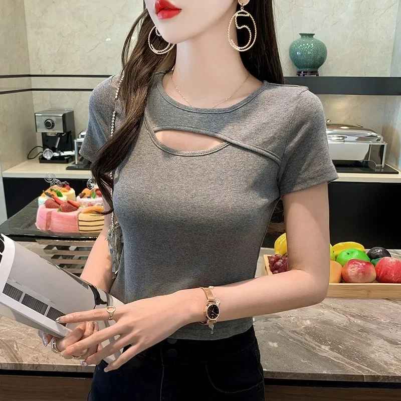 

Ice cool silk white knitted short-sleeved T-shirt women spring and summer slim slim hollow sexy outside wear with a top gray22