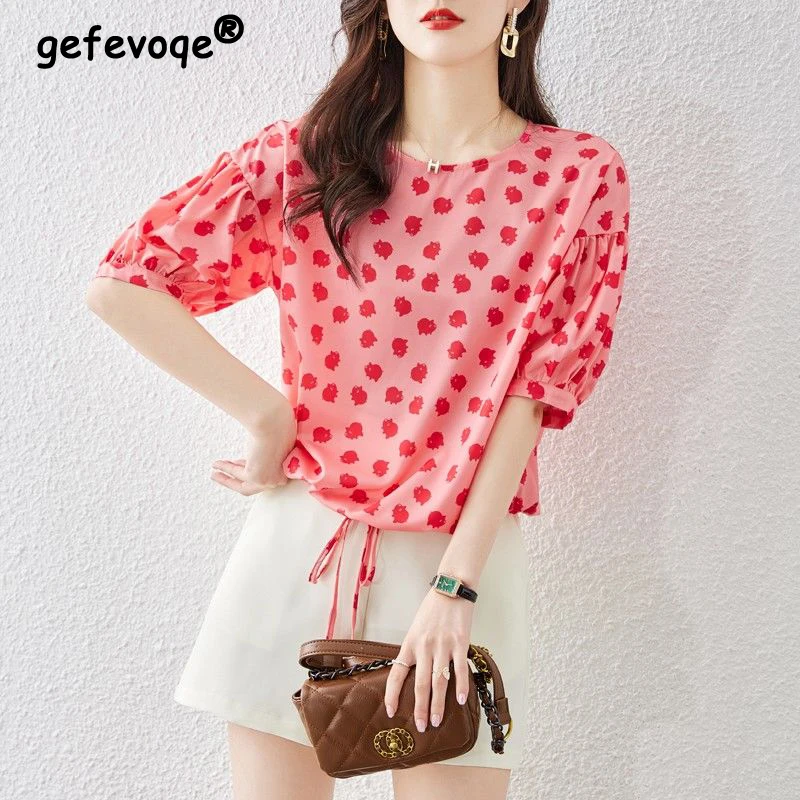 

Women's Clothing Vintage Print Lace Up Sweet Chic Blouse Summer Trendy O Neck Short Sleeve Street Shirt Casual Loose Tops Blusas