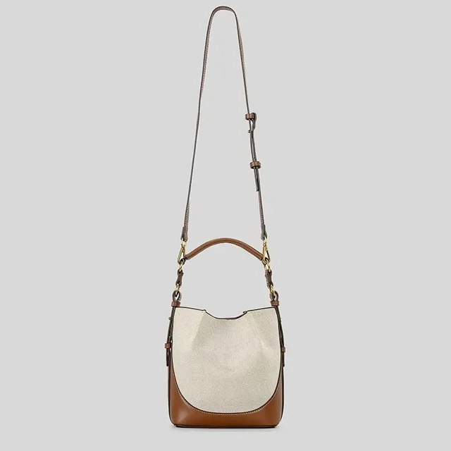 Fashion Panelled Canvas Bucket Bag Designer Women Handbags Luxury Pu Leather Shoulder Crossbody Bags with Wide Strap Tote Purses 3