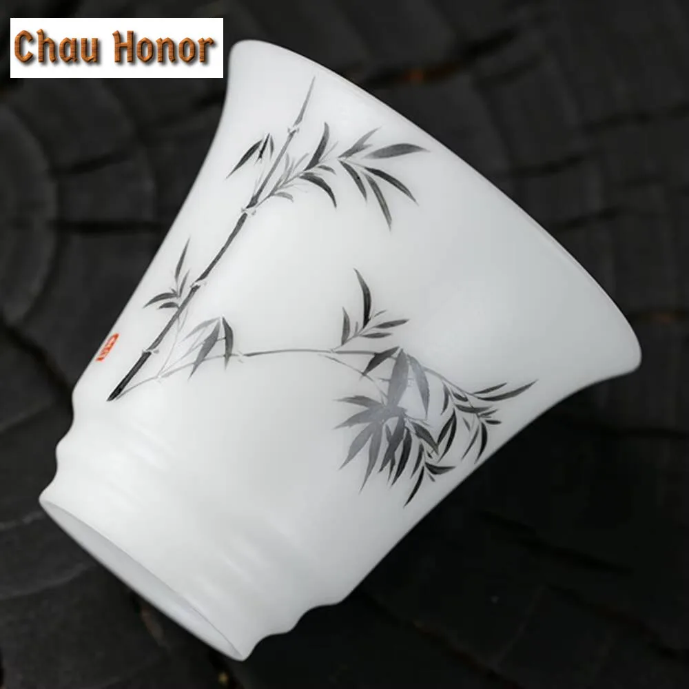 110ml Ice Mutton Fat Jade Porcelain Teacup Hand-painted Bamboo Plain Master Cup Tea Pair Snifter Cup Jianzhan Teaware Gift Box