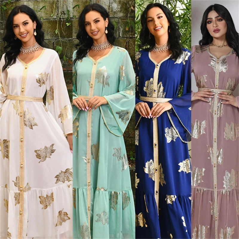 

Women Muslim Abaya Dress Middle East Dress Female Bronzing Maxi Dress Floral Print Lady Dress Full Length-Kaftan Dress