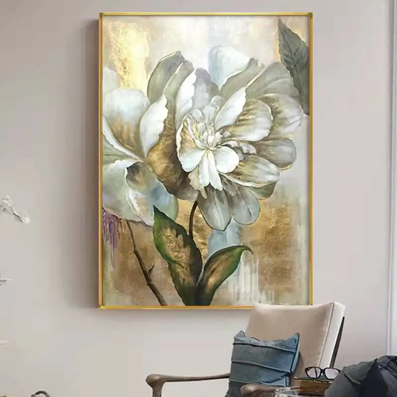 Home Decor Hot Sale Gold White Flower Gold Foil 100% Handmade oil painting flower  wall picture