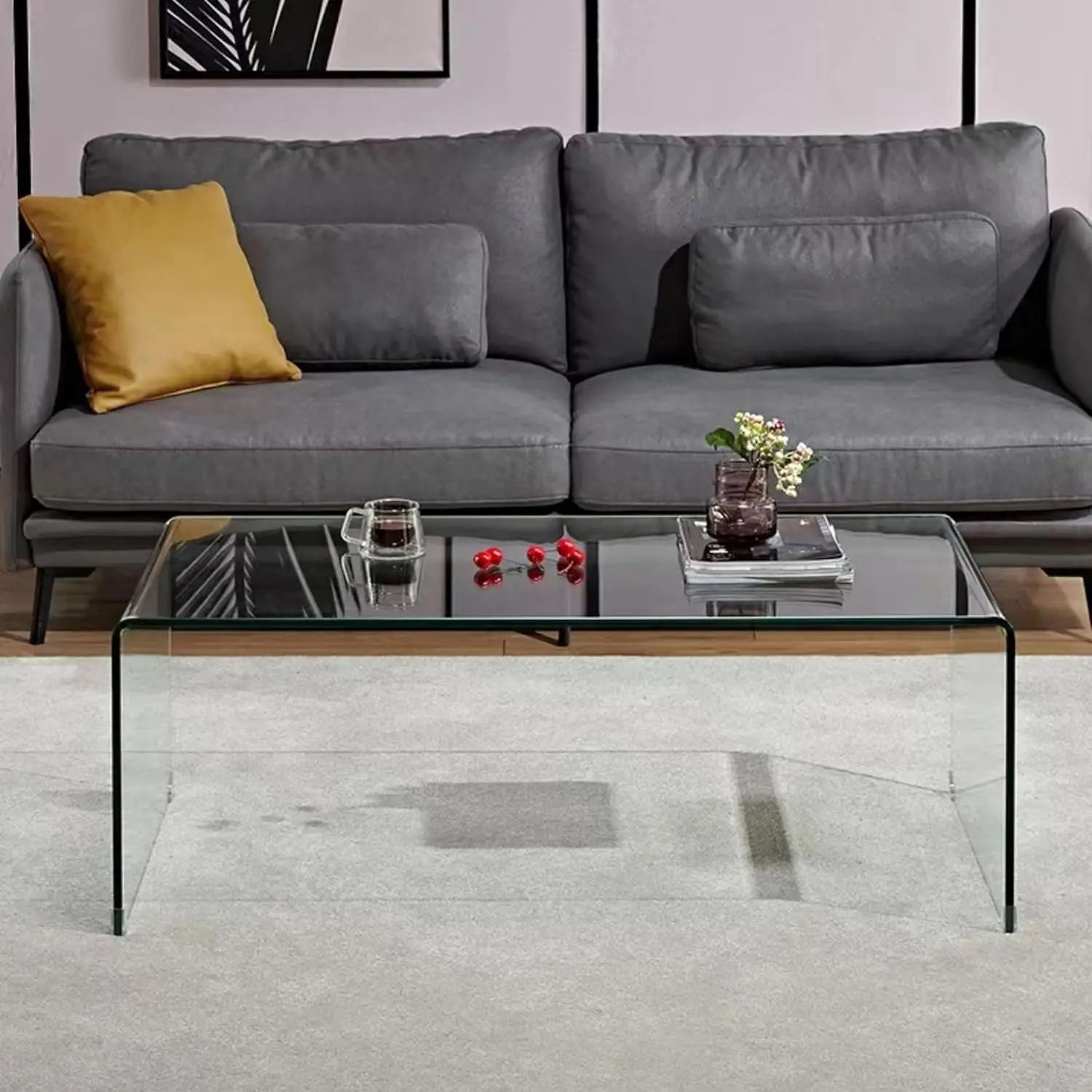 Meihua Tempered Glass Coffee Table for Living Room, Clear Center Table with 0.47 inch Tempered Glass, Transparent Modern Coffee