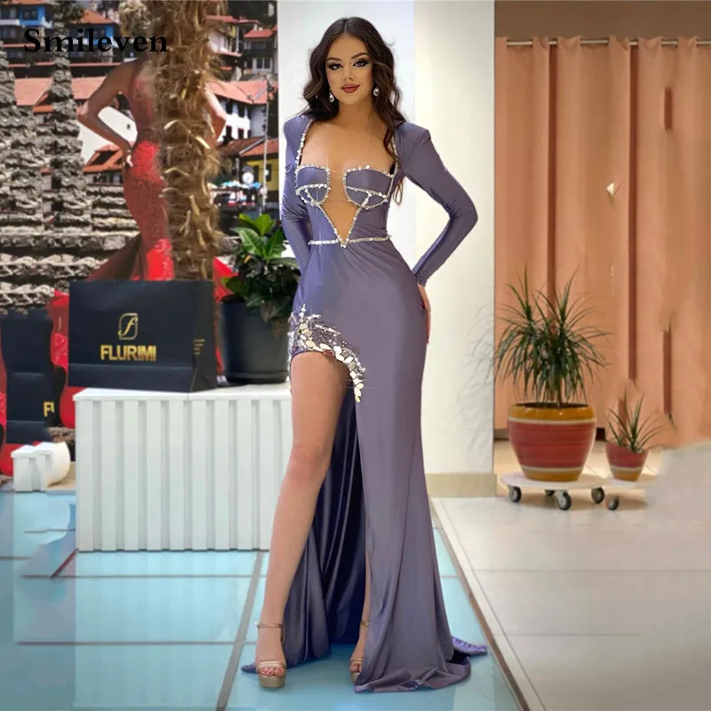 

Smileven Mermaid Prom Dresses Long Sleeve Shiny Beading Evening Gowns Beading Side Split Evening Party Gown