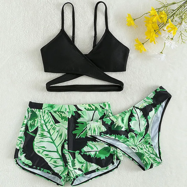 Maillot De Bain 3 Pièces Femme Maillots De Bain Gainant Imprimé Floral Beachwear 3 Pièces Tankini Ensemble De Plage Bikini Set Haut De Bikini Push- Up Et Short De Bain Taille Haute